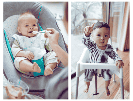 bebes em cadeiras de alimentação em fase introdução alimentar