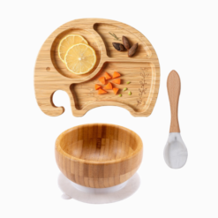 Kit Prato Bambu Elefante, Colher e Tigela (3 peças)