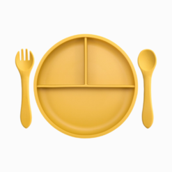 Prato de Silicone Infantil Redondo com Divisórias e Ventosa e Kit Talheres (3 peças)