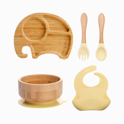 Kit Introdução Alimentar De Bambu Elefante Com Babador De Silicone (5 ...