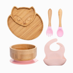 Introdução Alimentar Kit Raposa de Bambu com Babador de Silicone (5 peças) (1)