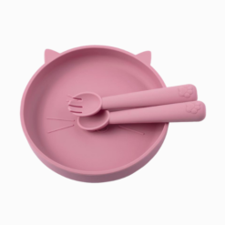 Kit 3 Peças Prato de Silicone com Ventosa e Talheres Gatinho