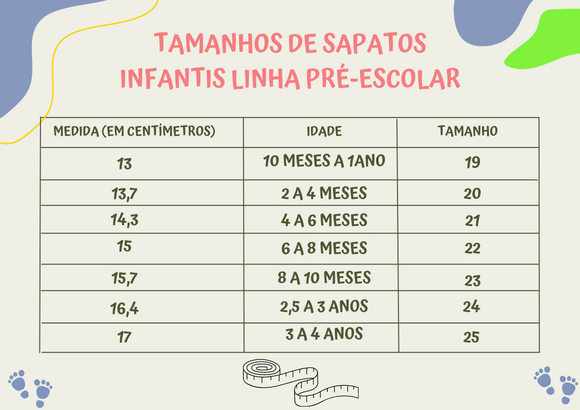 GUIA DE TAMANHO DE SAPATOS INFANTIS pré escolar