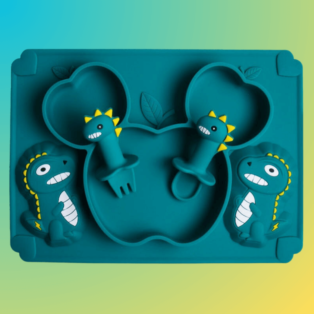Kit para introdução alimentar de silicone Playmat Dino (5 peças) na cor verde