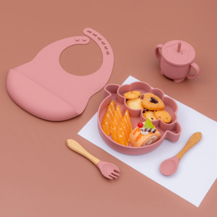 Kit introdução alimentar de silicone modelo ovelhinha rosa escuro