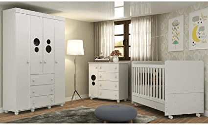 Quarto Completo Pimpolho com berço 3 em 1 com rodízios Multimóveis na cor brancaBranco