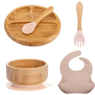 3. Introdução Alimentar Kit de Bambu com Babador de Silicone prato redondo cdivisórias (5 peças)