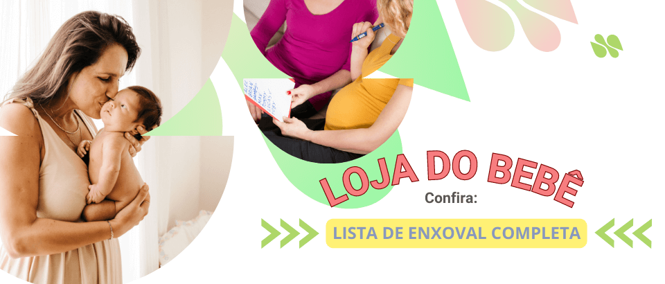 Imagem de mulher com um bebê no colo, ao lado, duas mulheres criando uma lista de enxoval de bebê. um texto sobre a imagen diz: loja do bebê. confira lista de enxoval completa
