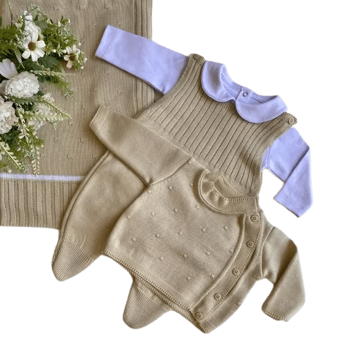 Saída De Maternidade Roupinha Conjunto Tricot Bege 4 Peças