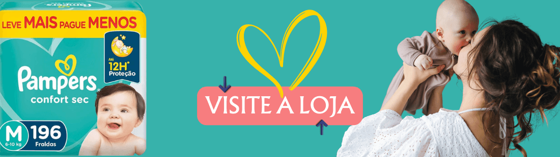 BANNER DIVULGAÇÃO LOJA PAMPERS NA AMAZON COM embalagem de Fralda Descartável da marca tamanho M e uma mulher com um bebê suspenso