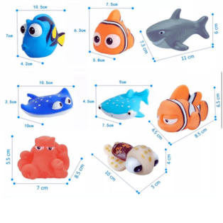 Dimensões das peças do Brinquedo de Banho para Bebê Nemo e seus Amiguinhos (8 peças)