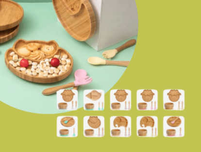 kit introdução alimentar de bambu vários formatos: ovelhinha, raposa elefante e caracol na loja chiquititos