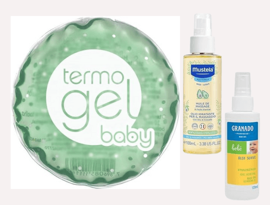 bolsa térmica e gel de massagem para evitar cólicas no bebê