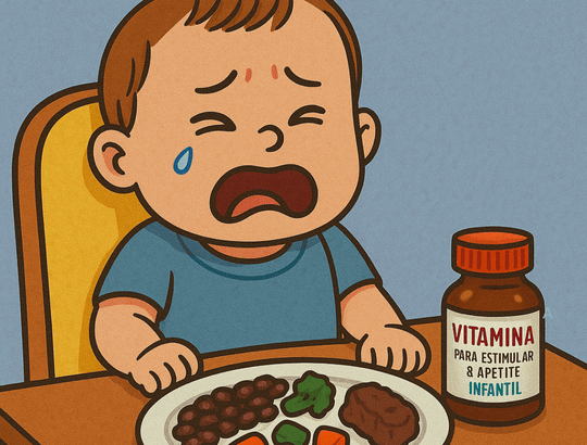 Bebê chorando em cadeirinha diante de prato com legumes, carne e feijão. Ao lado, frasco com rótulo vitamina para estimular o apetite infantil